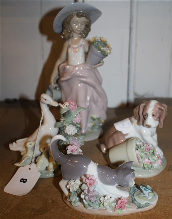 Lladro cat, dog, ducks and girl with watering can